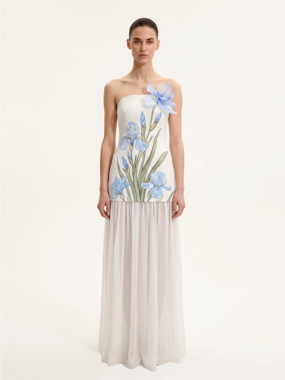 JW PEI One-Shoulder White Dress with Blue Floral Detail